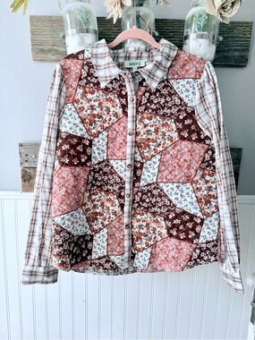 Patchwork Floral Button-Front Jacket - Pink & Brown